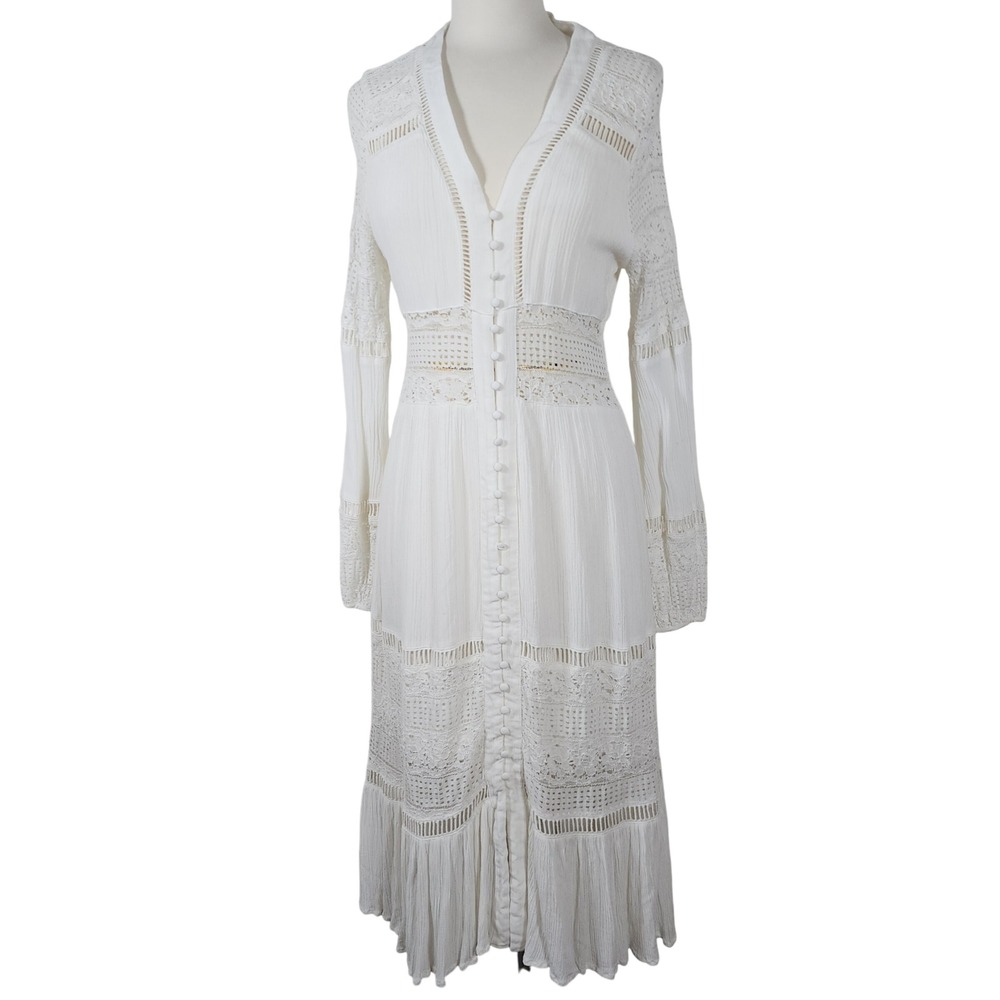 Dee Elly White Crochet Lace Trim Button Front‎ Maxi Dress Womens L